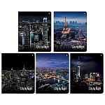 Тетрадь А5 48л клетка " Альт " Ночные города, офсет, на скобе, обложка - мелованный картон, сплошной УФ-лак, скругленные углы, 5 дизайнов в спайке