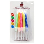 Набор свечей для торта с подставками " KWELT " Happy Birthday, 5цв (зеленая, оранжевая, розовая, желтая, синия), 10шт, 5*0,5см, белые подставки, картонный блистер 12*7*1,5см, европодвес