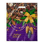 Пакет Новогодний ПЭ " Интерпак " с вырубной ручкой ПВД, 38*47см 60мкм Блестящие шишки