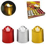 Свеча светодиодная " KWELT " 3,5*3,5*4см ассорти 3 цвета (Золото, серебро, красный), батарейки в комплекте, картонная упаковка 24*15,5*5см