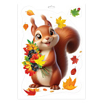 Наклейка " Праздник " 502 А4 Белочка с осенним букетом, двусторонняя, УФ-лак глянцевый, белила