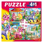 Пазлы " Рыжий кот " 4в1 Единороги на прогулке (9,16,25,36) элементов 17,5*17,5см, картонная упаковка