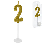 Свеча для торта цифра " KWELT " 2, золото, 2*4*0,5см, на палочке с подставкой, пластиковая упаковка 9,5*3*1см, европодвес