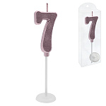 Свеча для торта цифра " KWELT " 7, светло-розовая, 2*4*0,5см, на палочке с подставкой, пластиковая упаковка 9,5*3*1см, европодвес