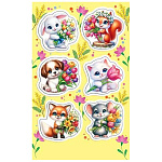 Наклейки " Мир открыток " 0-11 А6 Лесные зверята с букетами, без отделки