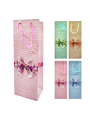 Пакет бумажный " KWELT " 12*35*9см под бутылку Бант, ассорти (без возможности выбора дизайна), ламинированный
