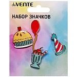 Набор значков " deVente " Party! (колпачок 1,6*2,8см, шарик 1,2*4,4см, коктейль 1,7*2,5см, пирог 2,5*2,6см), эмалированные, пластиковый пакет с европодвесом