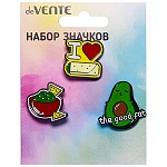 Набор значков " deVente " Avocado (авокадо 2,8*2,7см, I love 2,3*2,2см, Боул 2,5*2,2см), эмалированные, пластиковый пакет с европодвесом