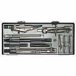 Готовальня 12 предметов: циркуль металлический 15,5см, кронциркуль, удлинитель, рейсфедерная вставка, ручка для рейсфедера, игольная вставка, держатель для карандаша, центрик, запасной винт, автоматический карандаш, чернографитный карандаш, набор грифелей