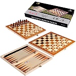 Игра настольная " KWELT " 3 в 1 Шахматы, шашки, нарды, состав: двухстороннее складное деревянное поле с замком 29*29*1,5см, пластиковые фигуры, кубик - 2шт, картонная упаковка 29,5*15,5*3см