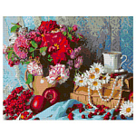 Картина алмазная " Lori " 40*50см Натюрморт с цветами и яблоками, полное заполнение, основа с цветной схемой, комплект квадратных страз, стилус, лоток для страз, сухой клей, холст без подрамника с клеевой основой