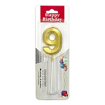 Свеча для торта цифра " KWELT " 9, золотая, 3*5*0,5см, на палочке, картонный блистер 5,7*16,5*1см, европодвес