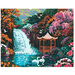 Картина по номерам " Lori " 40*50см Беседка у водопада, состав набора: холст с контуром на подрамнике, краски, кисть, вспомогательный лист, акриловый лак, картонная упаковка, европодвес