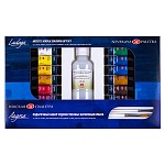 Краски акриловые художественные " Ладога " Подарочный, в наборе: 12 туб по 18мл, покрывной акриловый лак, 2 синтетические кисти, картонная упаковка