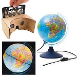 Глобус политический интерактивный рельефный с подсветкой от сети 210мм " Globen " в комплекте: очки виртуальной реальности (VR), картонная коробка
