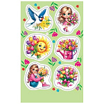 Наклейка " Мир открыток " 0-11 А6 Нежные букеты, птичка, солнышко и девочка