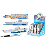 Ручка шариковая " Basir " Авианосец, синяя 0,38мм, толщина письма 0,19мм, корпус в форме авианосца с движущимися фигурками самолетов, металлический наконечник, цвет корпуса - металлик-серебро, ассорти, дисплей