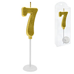 Свеча для торта цифра " KWELT " 7, золото, 2*4*0,5см, на палочке с подставкой, пластиковая упаковка 9,5*3*1см, европодвес