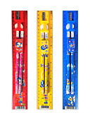 Набор чертежный с карандашом БОЛЬШОЙ 4 предмета: линейка 30см, карандаш с ластиком 2шт, точилка, ластик, пластик цветной, пакет, европодвес, с рисунком, ассорти (без возможности выбора дизайна) " KWELT "