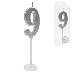 Свеча для торта цифра " KWELT " 9, серебро, 2*4*0,5см, на палочке с подставкой, пластиковая упаковка 9,5*3*1см, европодвес