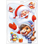 Наклейка " Праздник " 502 А4 Новогодняя- Символ года- Дед Мороз и пони, двусторонняя, глянцевый УФ-лак, белила, 237*332мм