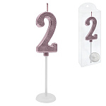 Свеча для торта цифра " KWELT " 2, светло-розовая, 2*4*0,5см, на палочке с подставкой, пластиковая упаковка 9,5*3*1см, европодвес