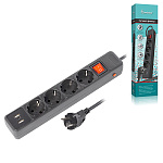 Сетевой фильтр " Smartbuy " 1,8м 4 розетки, 16А, 2 USB порта, 1 Type-C порт, защитные шторки, защита от короткого замыкания, защита от перегрева, черный