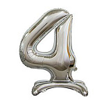 Шар фольгированный 30"/76см Цифра-4 серебро на подставке