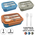 Ланч-бокс с ложкой и вилкой " KWELT " 20,5*14*7,5см, 1200мл Bento lunch, 3 отделения, ассорти (без возможности выбора цвета), пластик
