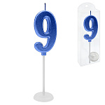Свеча для торта цифра " KWELT " 9, синяя, 6*4*1см, 2*4*0,5см, на палочке с подставкой, пластиковая упаковка 9,5*3*1см, европодвес