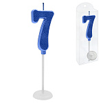 Свеча для торта цифра " KWELT " 7, синяя, 2*4*0,5см, на палочке с подставкой, пластиковая упаковка 9,5*3*1см, европодвес
