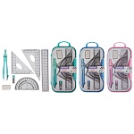 Набор чертежный с циркулем 7 предметов; циркуль металлический 12,5см, ластик, линейка 14 см, транспортир, угольник 45*/45*/90*, угольник 30*/60*/90*, набор грифелей, пластиковый футляр, европодвес, ассорти " deVente "