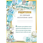 Благодарность родителя за хорошее воспитание сына А4 406 " Праздник " мелованная бумага 150г/м2, без отделки, подсказ, текст