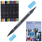 Набор аквамаркеров " Сонет " Основные цвета 12 цветов 1-3мм двухсторонние пулевидный/кисть наконечник акварельные