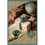 Открытка " Праздник " 445 Без названия- Мужская- Золотые часы, подарок, глобус, вензеля, 123*187мм, золотые блестки, без текста