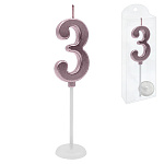 Свеча для торта цифра " KWELT " 3, светло-розовая, 2*4*0,5см, на палочке с подставкой, пластиковая упаковка 9,5*3*1см, европодвес