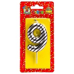 Свеча для торта цифра " Миленд " 9, серебряная в полоску, 14*6,5*1см, картонный блистер, европодвес