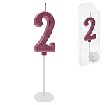 Свеча для торта цифра " KWELT " 2, темно-розовая, 2*4*0,5см, на палочке с подставкой, пластиковая упаковка 9,5*3*1см, европодвес