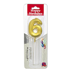 Свеча для торта цифра " KWELT " 6, золотая, 3*5*0,5см, на палочке, картонный блистер 5,7*16,5*1см, европодвес