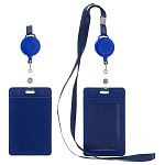 Бейдж " Basir " 105*65мм с рулеткой-ретрактором с вытяжной нитью, кожзам, вертикальный, 2 кармана, синий