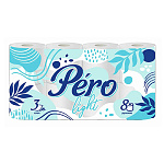Бумага туалетная 3-слойная " Pero " Light, 8 рулона со втулкой, 14м, белая, 100% целлюлоза, 125*95мм, с перфорацией, h=95мм, d=100мм