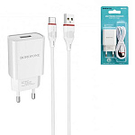 Зарядное устройство сетевое " Borofone " BA20A Sharp белое, 2,1А, USB, пластик, кабель Type-C, 1м