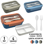 Ланч-бокс с ложкой и вилкой " KWELT " 20,5*13,5*8,5см, 1500мл Lunch box, 4 отделения, ассорти (без возможности выбора цвета), пластик