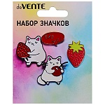 Набор значков " deVente " Cat me! (кот 2,8*2,8см, клубника 1,6*2,3см, Eat me 2*1,4см, кот 2,7*2,7см), эмалированные, пластиковый пакет с европодвесом