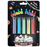 Набор свечей для торта с подставками " KWELT " Happy Birthday 5цв (сиреневые, голубые, зеленые, желтые, красные) 10шт, 6*0,5см, картонный блистер 12,9*17,8см, европодвес