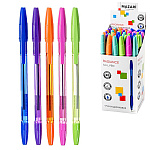 Ручка шариковая " Mazari " Radiance синяя 0,7мм, толщина письма 0,35мм, пулевидный пишущий узел, пластиковый прозрачный корпус, цвет корпуса - ассорти 6 цветов, резиновый грип, сменный стержень 136,5мм, картонная упаковка