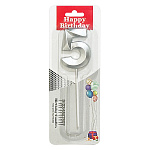 Свеча для торта цифра " KWELT " 5, серебряная, 3*5*0,5см, на палочке, картонный блистер 5,7*16,5*1см, европодвес