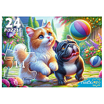 Пазлы " Рыжий кот " Макси. 24элементов Кот и щенок с мячом, 30*21,5см, картонная упаковка 13,6*17,8*4,1см