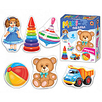 Пазлы " Русский Стиль " 18элементов Игрушки, 6 картинок (два по 2 элемента, два по 3 элемента, два по 4 элемента), картонная упаковка 25*21*5см