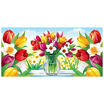 Конверт для денег " Мир открыток " 2-16 Без названия- Разноцветные тюльпаны и нарцисы, 168*83мм, блестки, рельеф